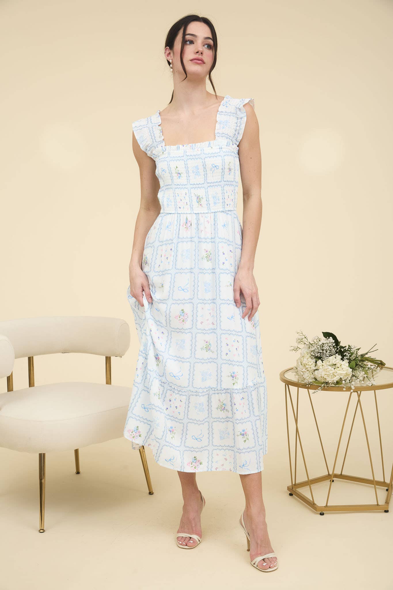 Blue Floral Square Neckline Dress