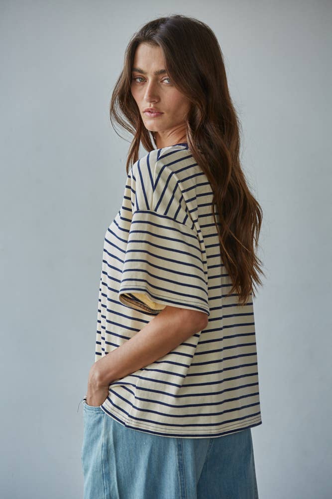 Cotton Striped Short Sleeve Crew Neck Top