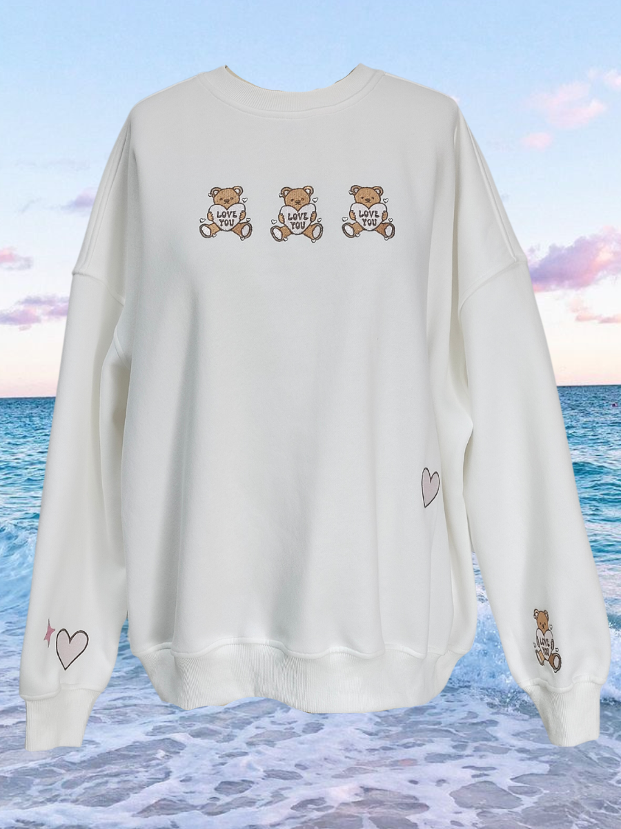 Teddy Bear Embroider Sweatshirt: Seashell Ivory