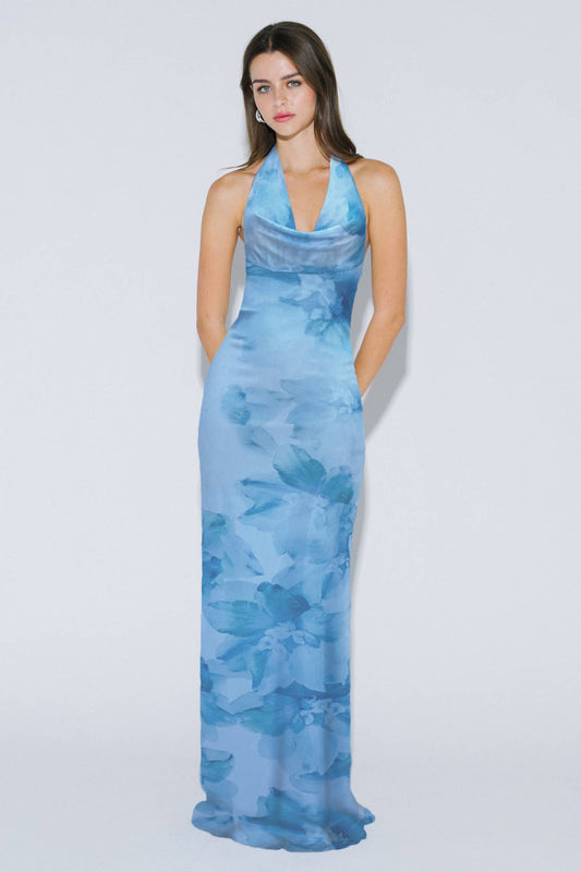 Floral Print Cowl Neck Halter Maxi Dress