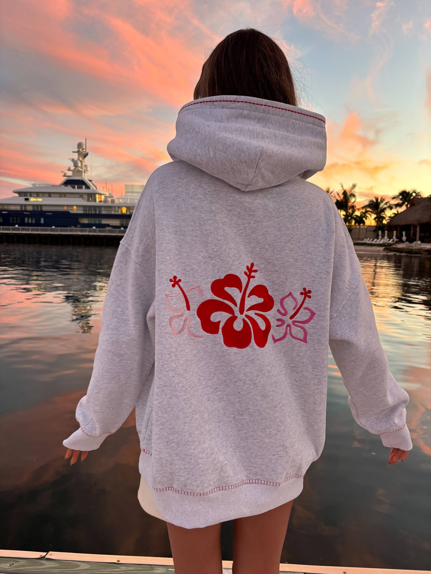 Pearl Grey Hibiscus Flowers Hoodie
