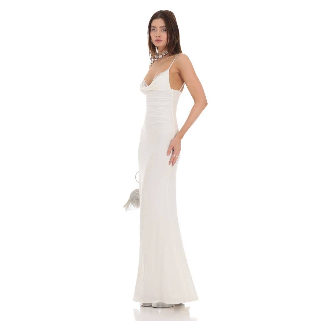 Cowl Neck Mermaid Maxi Dress in White