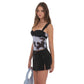 Two-Toned Mesh Print Top in Black and Blue