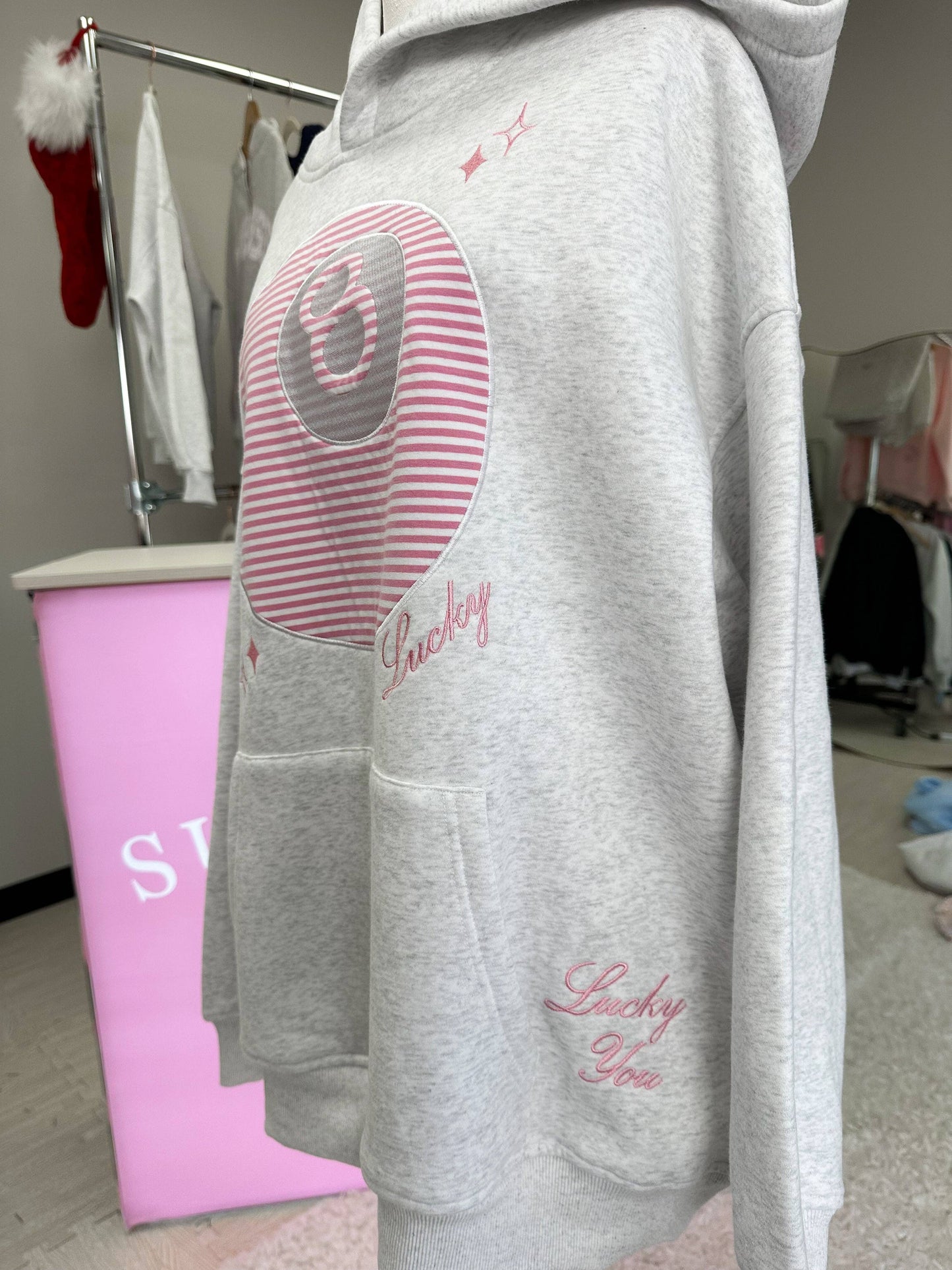 Pearl Grey Lucky You 8 Ball Embroider Hoodie