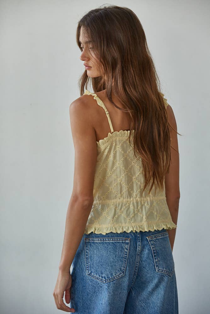 Woven Eyelet Button Down Square Neck Top