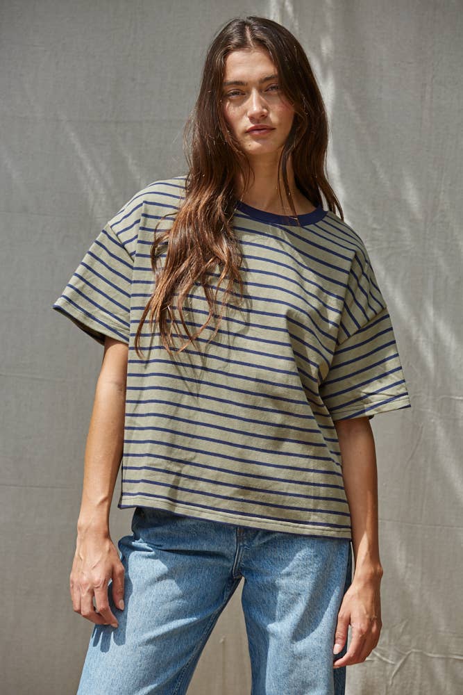 Cotton Striped Short Sleeve Crew Neck Top