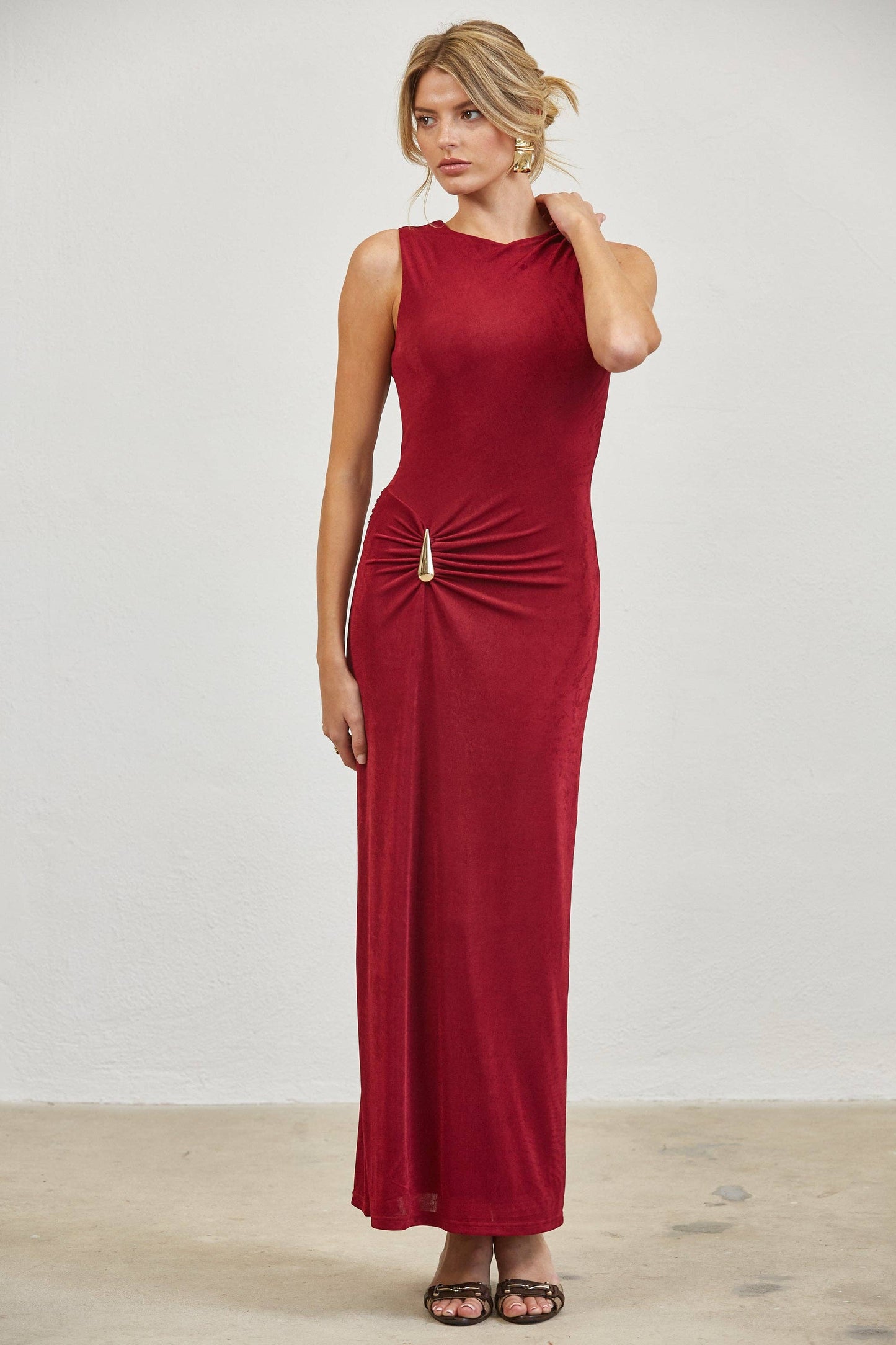 Gold Accent Ruched Slinky Maxi Dress
