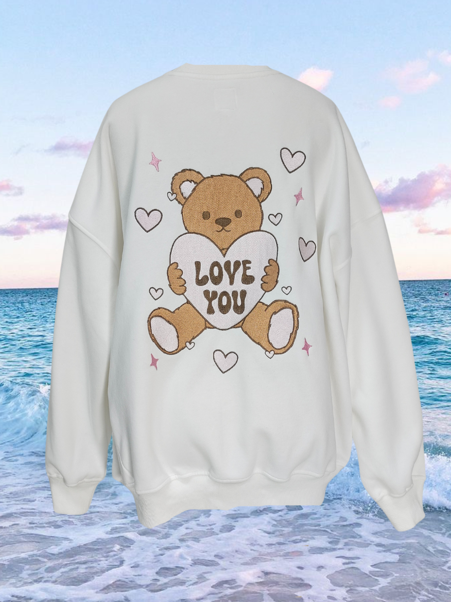 Teddy Bear Embroider Sweatshirt: Seashell Ivory