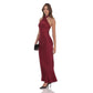 Satin Cross Halter Maxi Dress in Wine