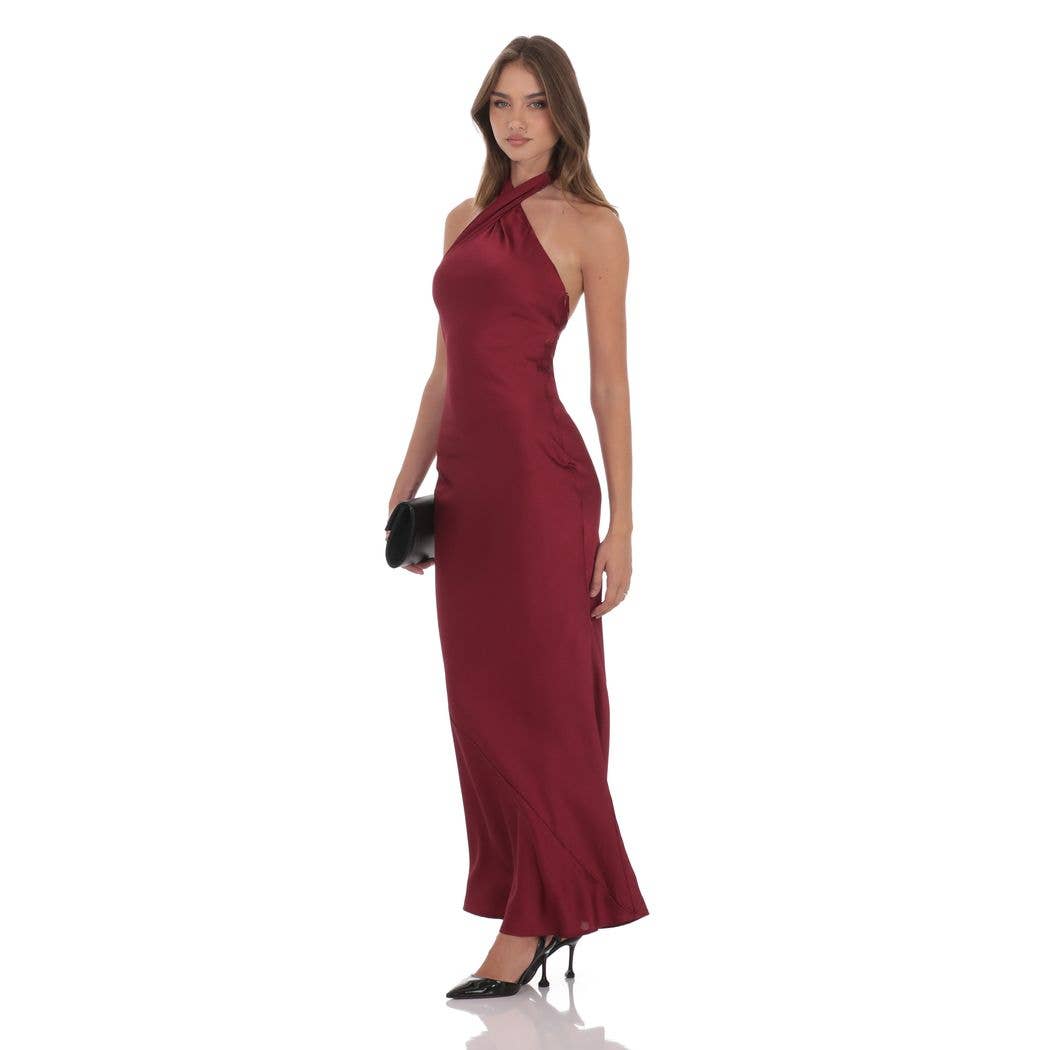 Satin Cross Halter Maxi Dress in Wine