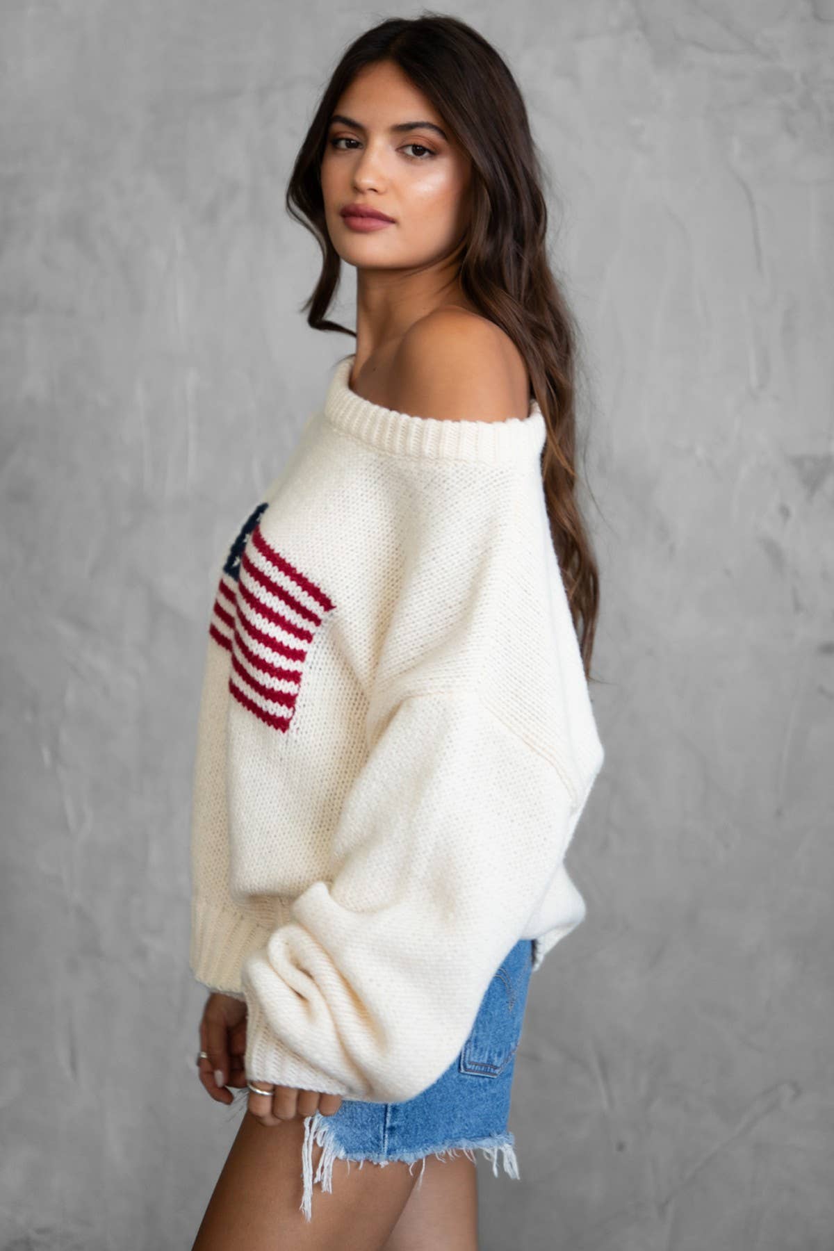 American Flag Knit Off The Shoulder Sweater