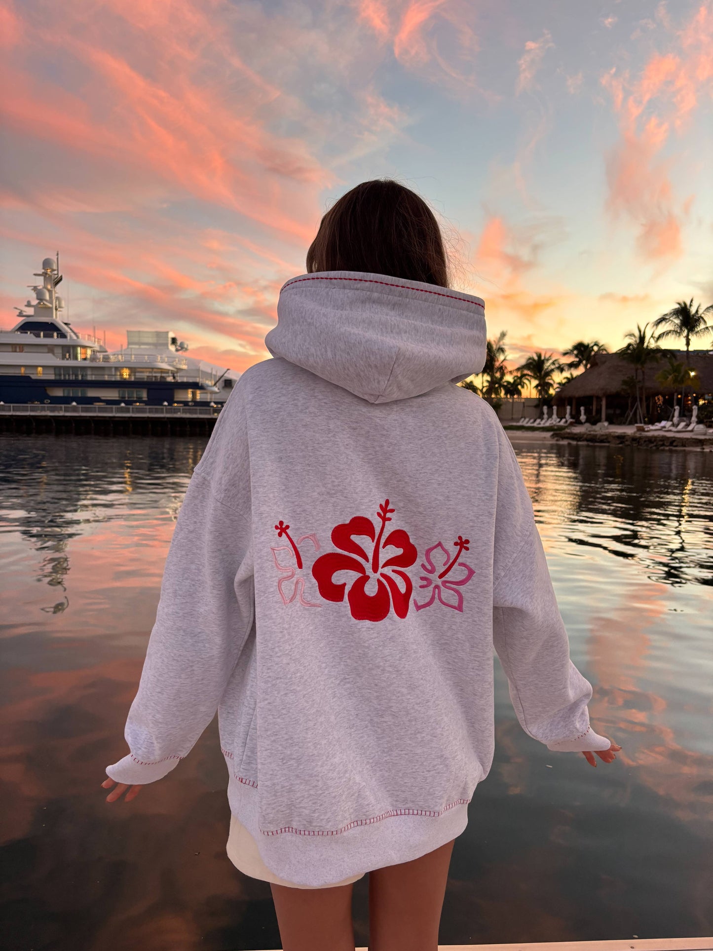Pearl Grey Hibiscus Flowers Hoodie
