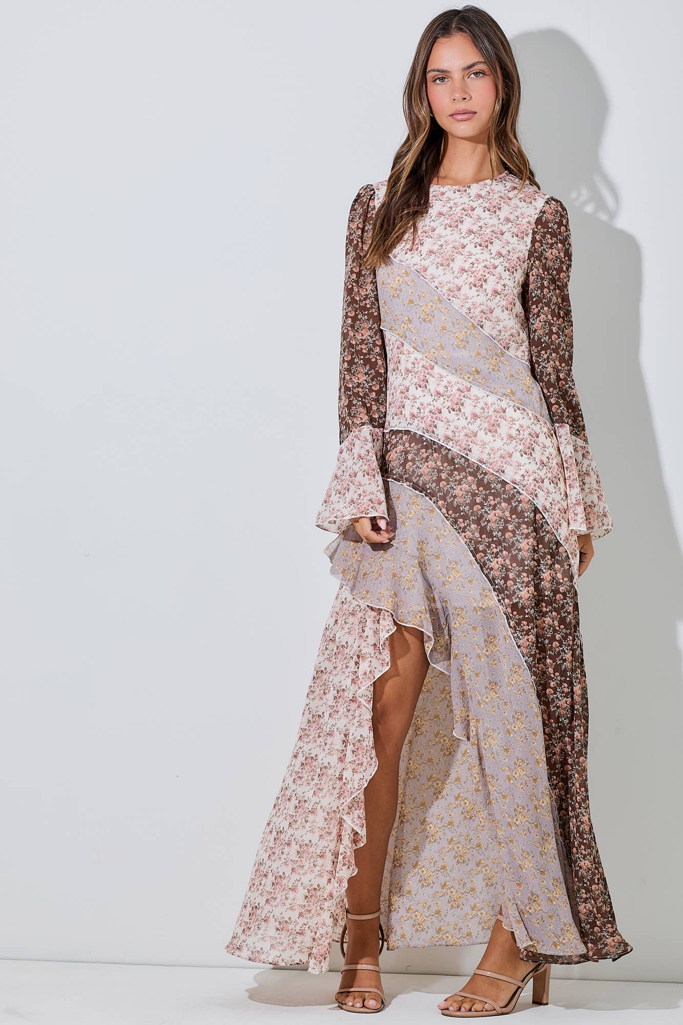 Floral Print Mix Chiffron Ruffle Maxi Dress