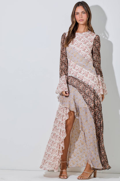 Floral Print Mix Chiffron Ruffle Maxi Dress