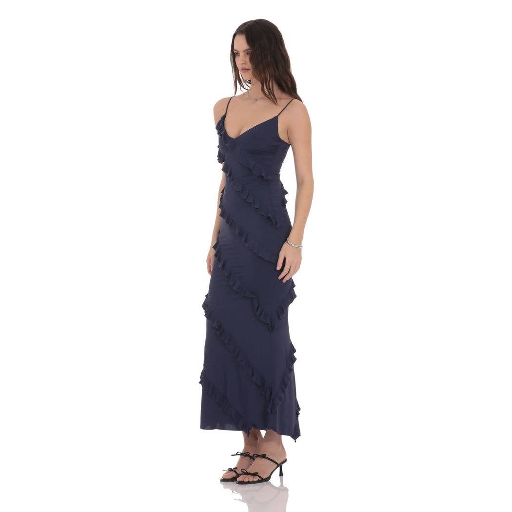 Ruffle V-Neck Maxi Dress in Navy