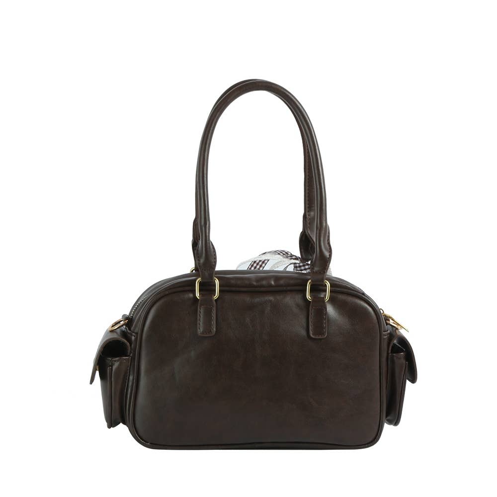 Multi Pocket Faux Leather Hand Bag With Ribbon Bow Charm
