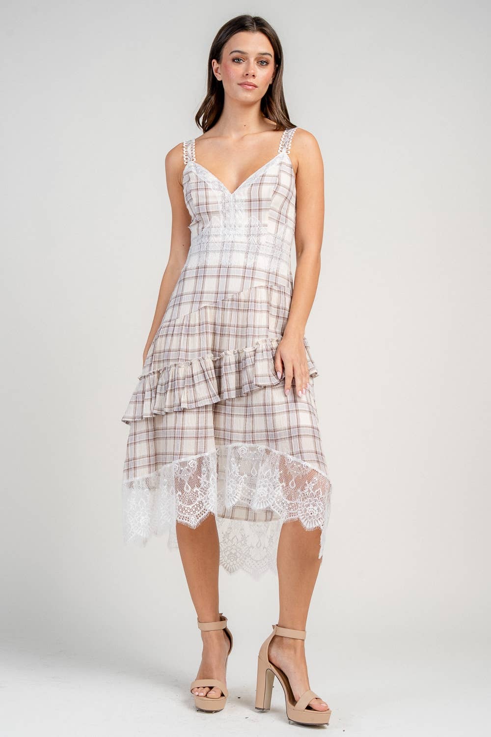PLAID HEMMED LACE TRIMMED DRESS