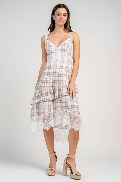 PLAID HEMMED LACE TRIMMED DRESS