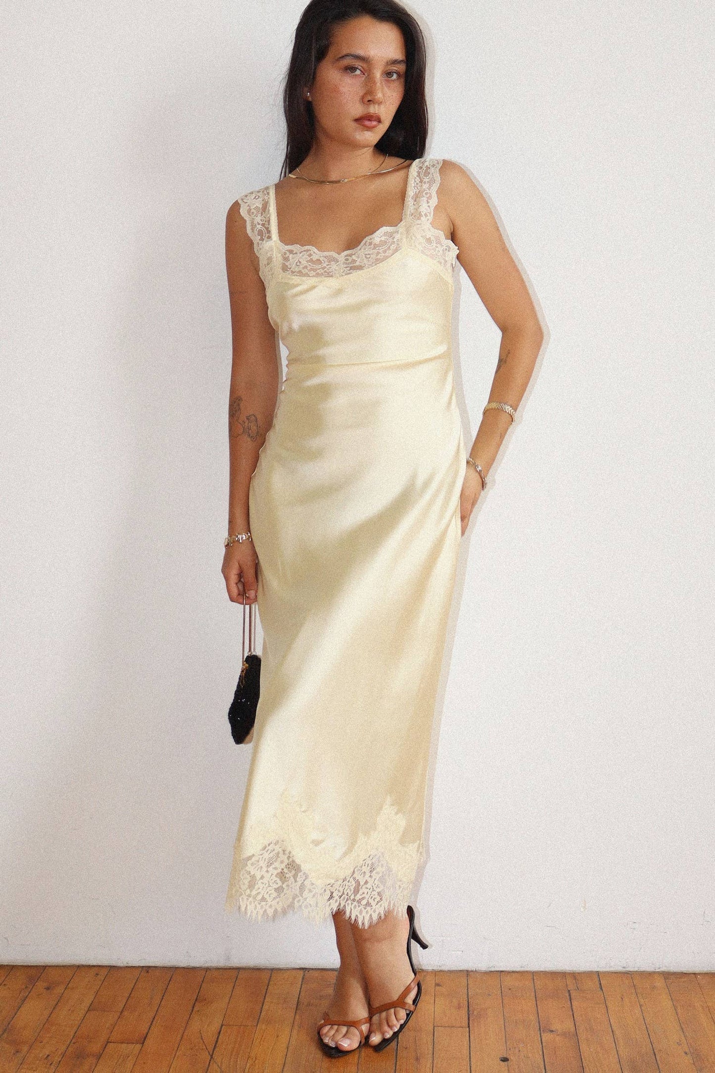 Lace Trim Satin Midi Dress