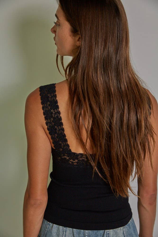 Knit Seamless Ribbed Tank Top with Lace Trim