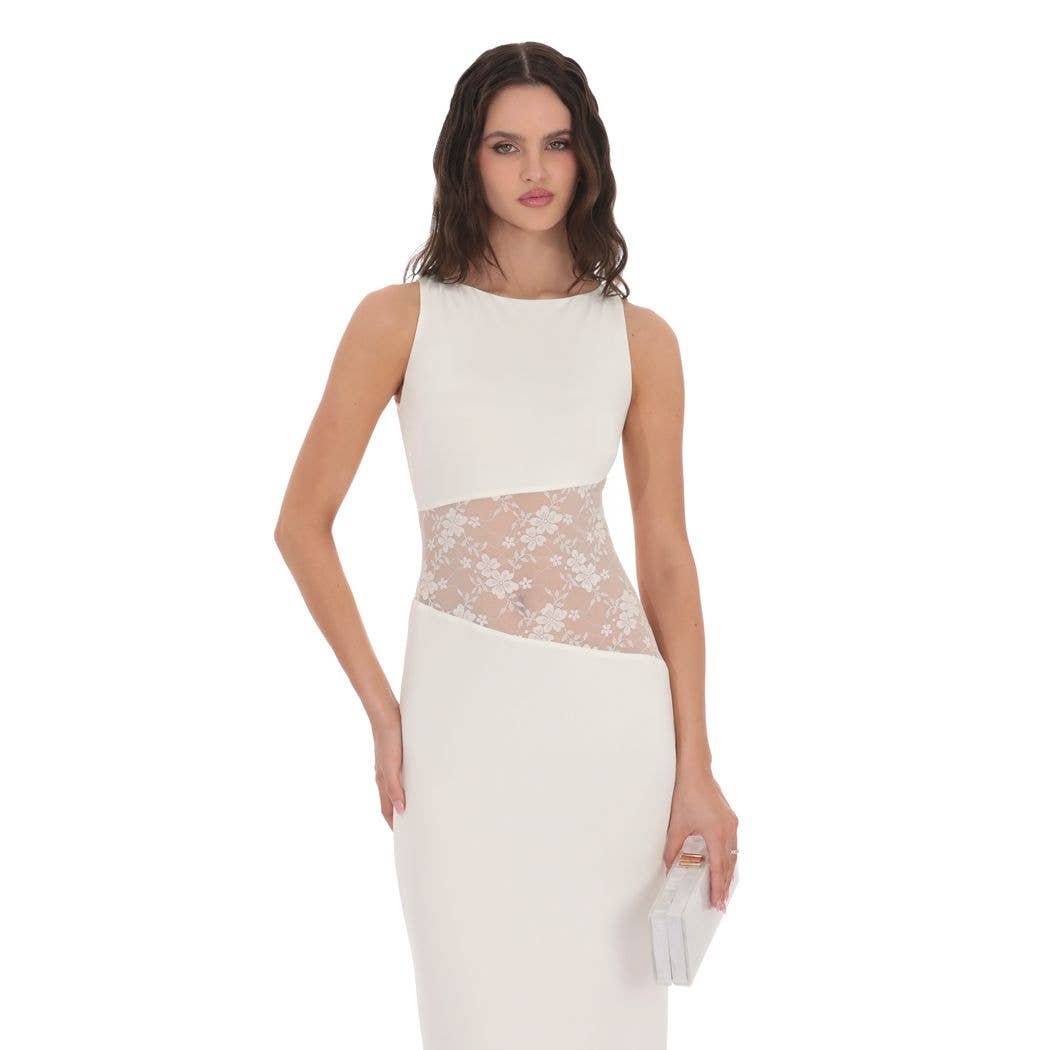 Lace Cutout Maxi Dress in White