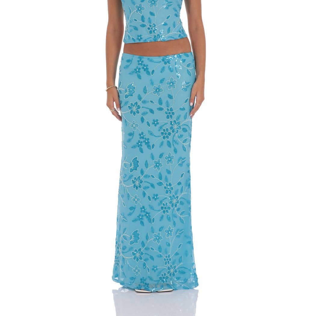 Sequin Beaded Floral Maxi Skirt in Aqua Blue