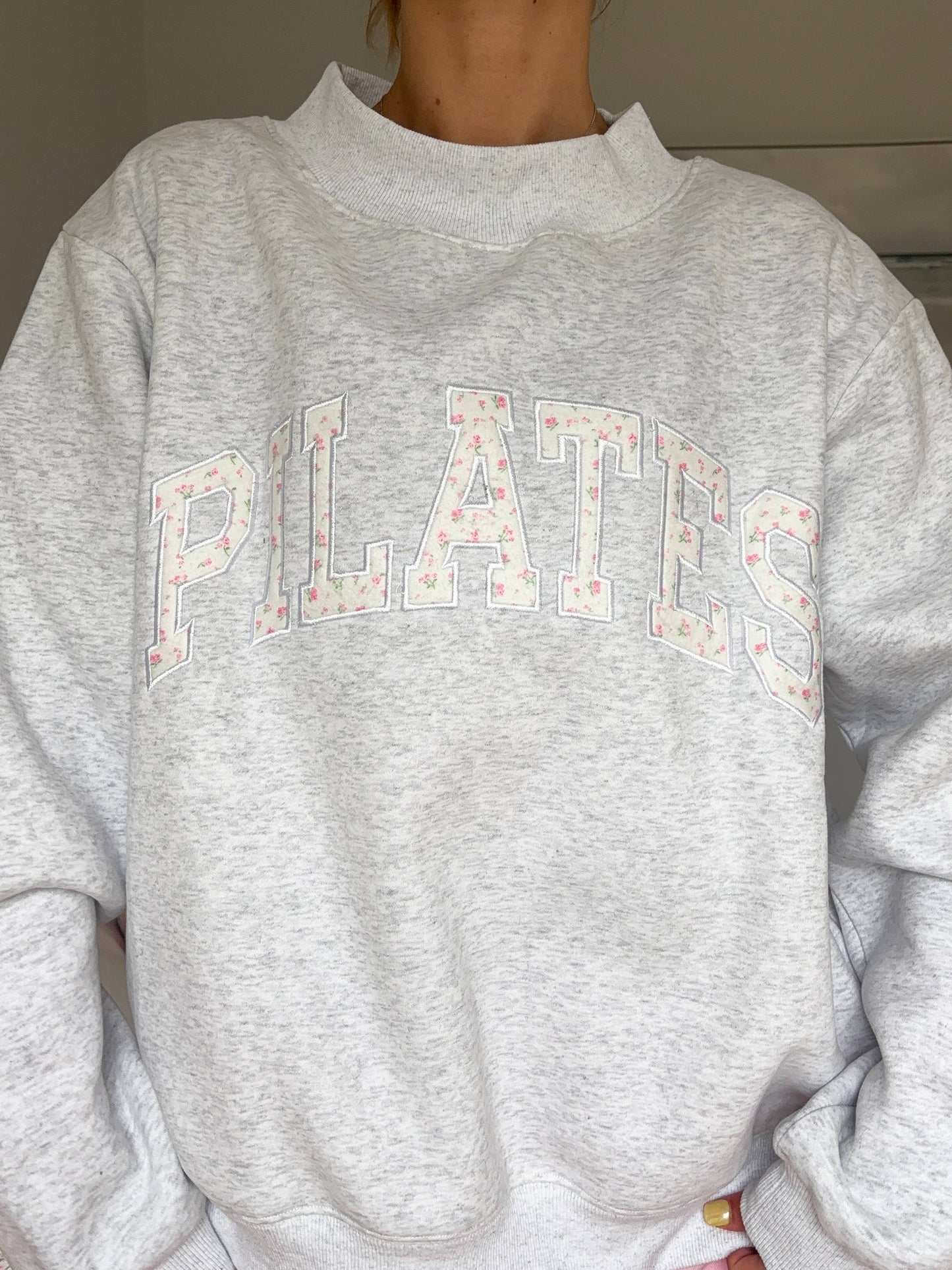 Pearl Grey Mockneck Pilates Embroider Sweatshirt