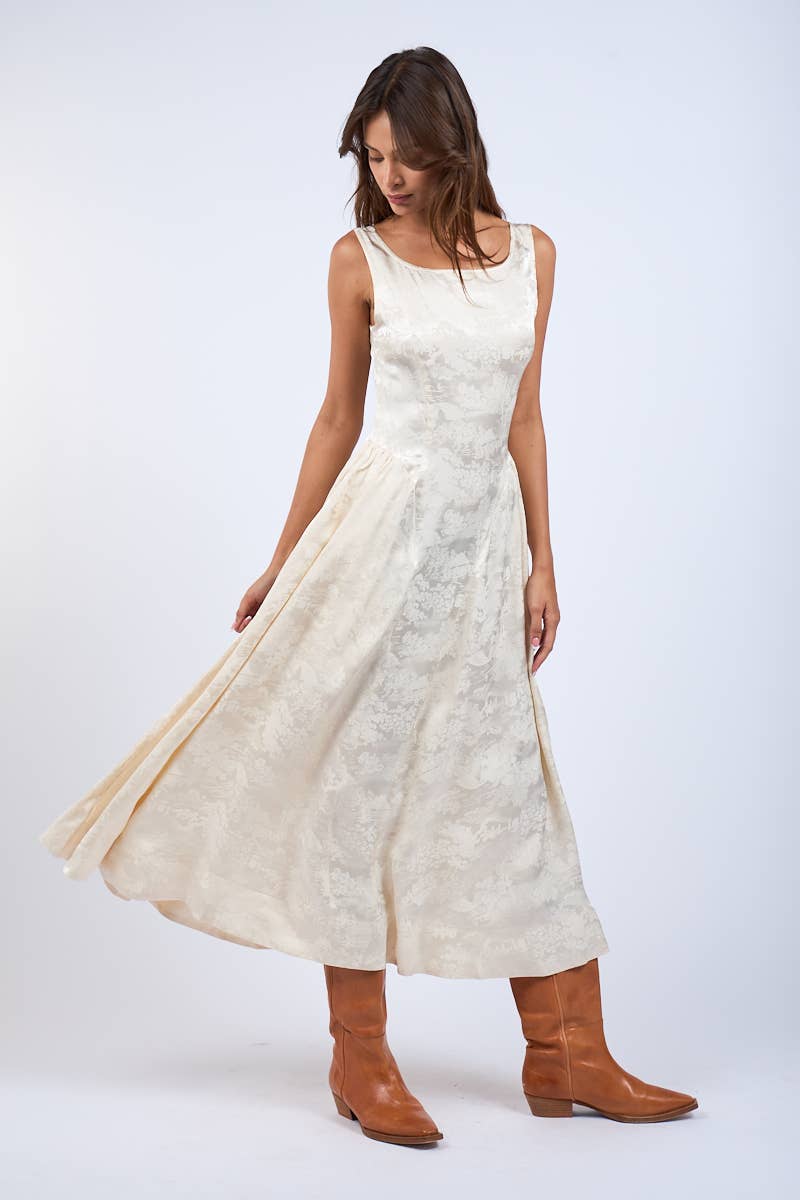 Satin Foral U-Shape Boat Neck Flare Midi Dress