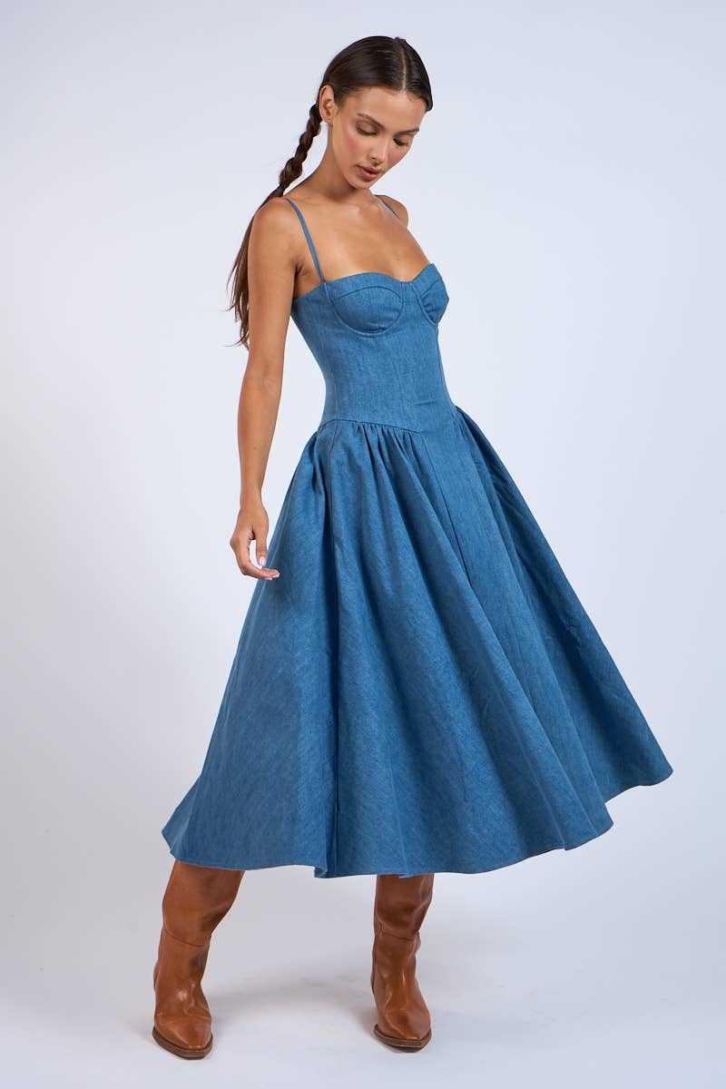 Denim Fit & Flare Midi Dress