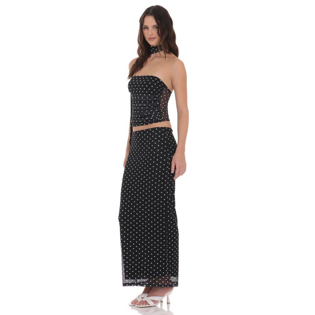 Polka Dot Mesh Pencil Maxi Skirt in Black