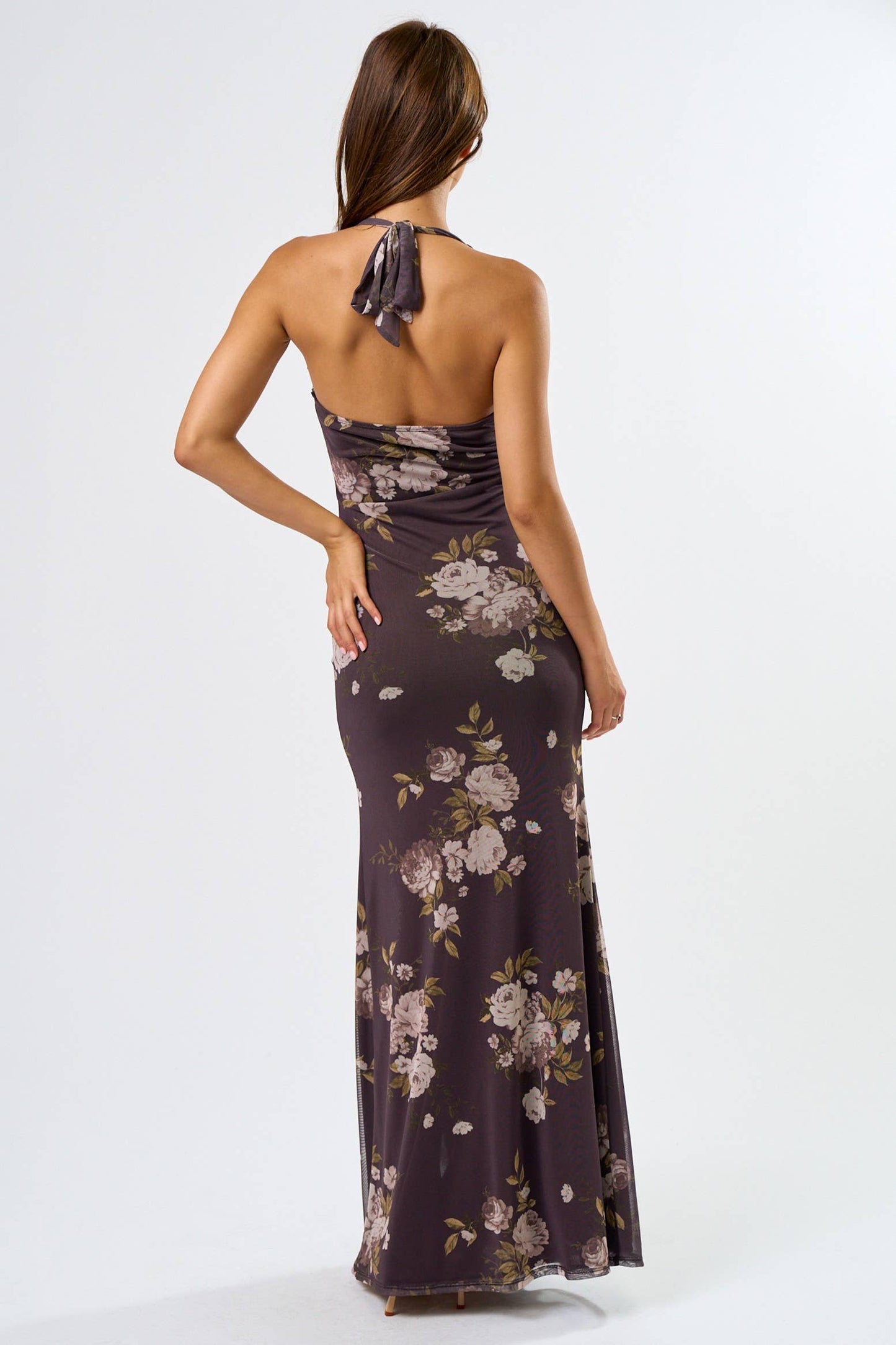 Brown Halter Neck Maxi with Slit Dress