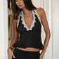 Polka Dot Contrast Lace Peplum Hem Halter Top