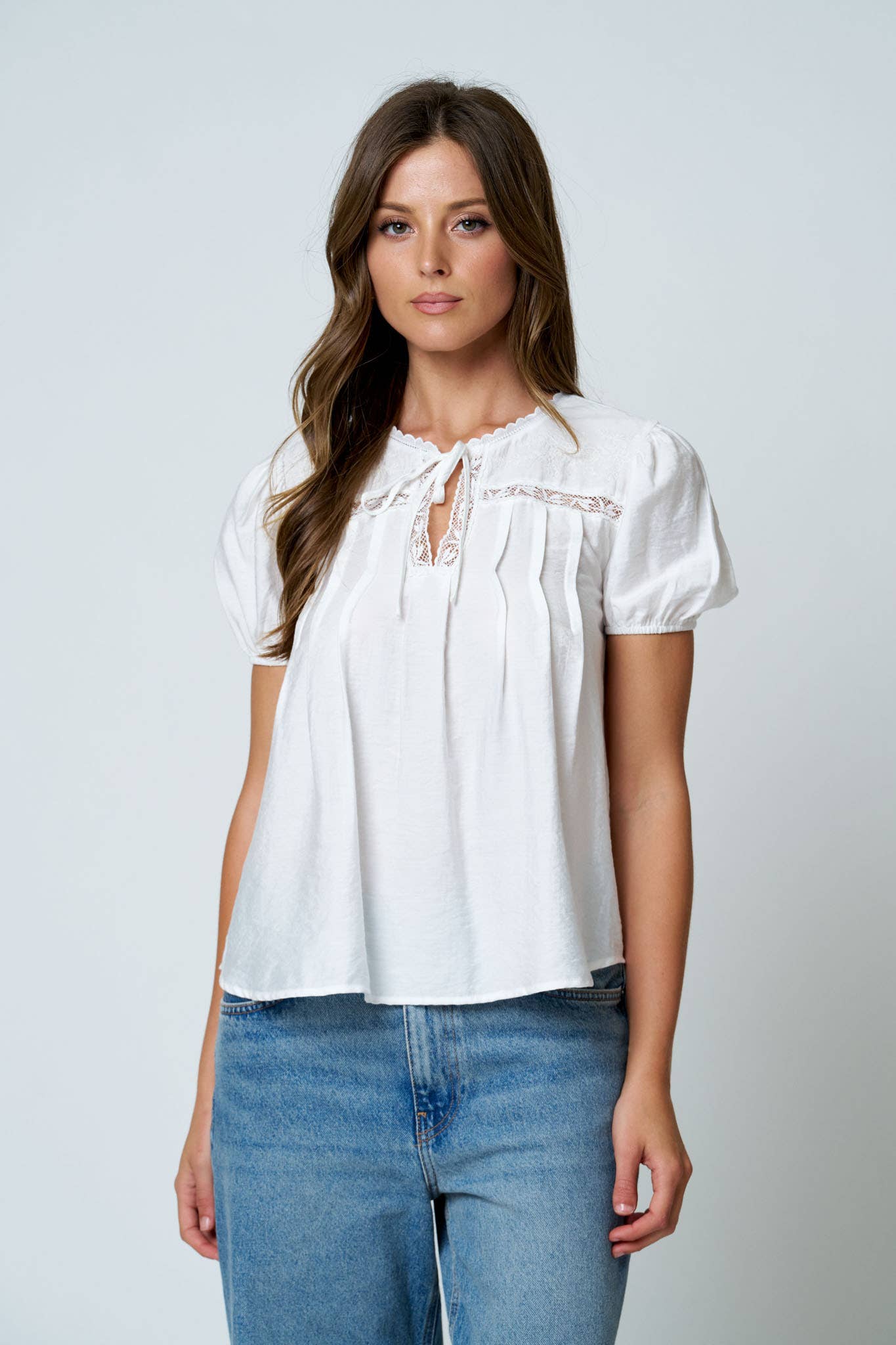 EMBROIDERED LACE TRIM PINTUCK DETAIL TOP