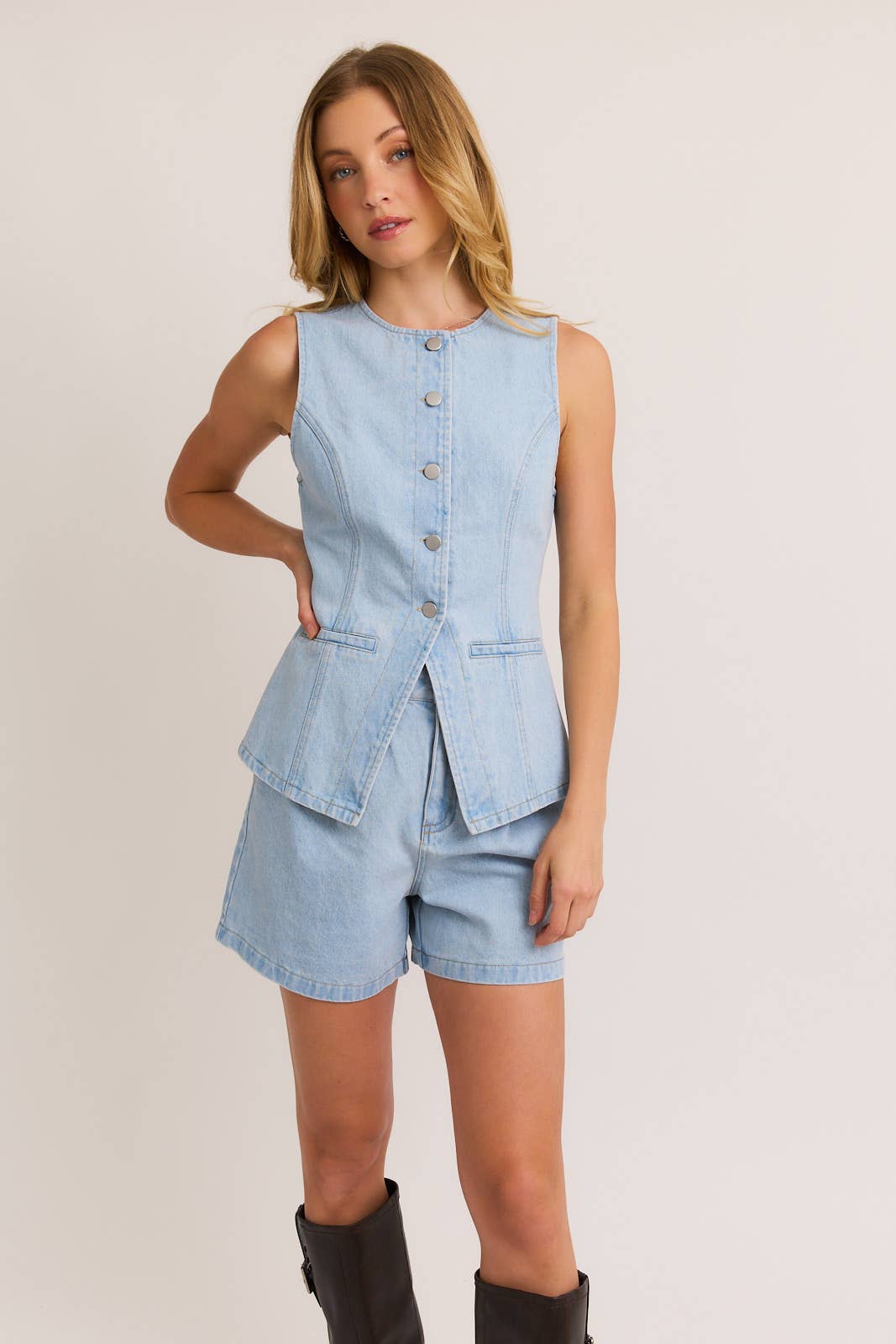 Button Front Sleeveless Light Denim Top