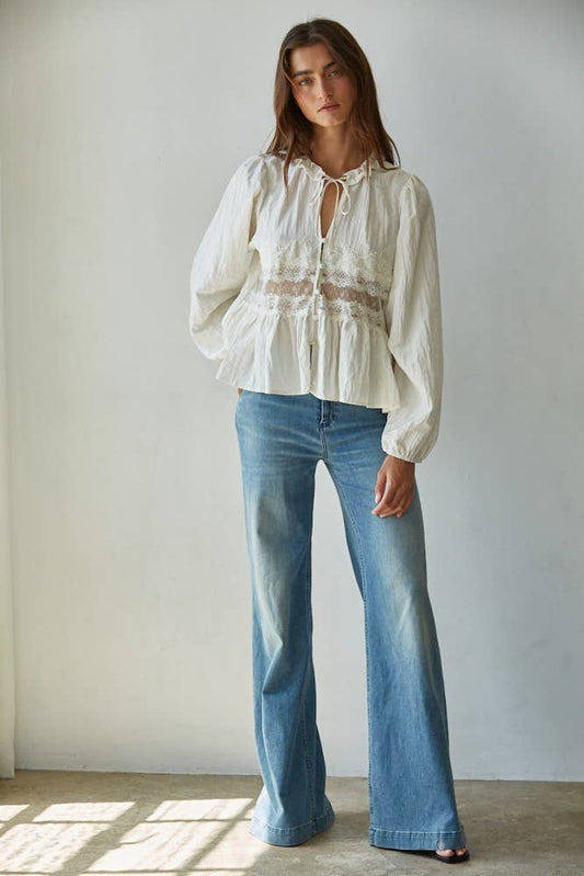 Woven Polyester Nylon Sheer Lace Detail Blouse