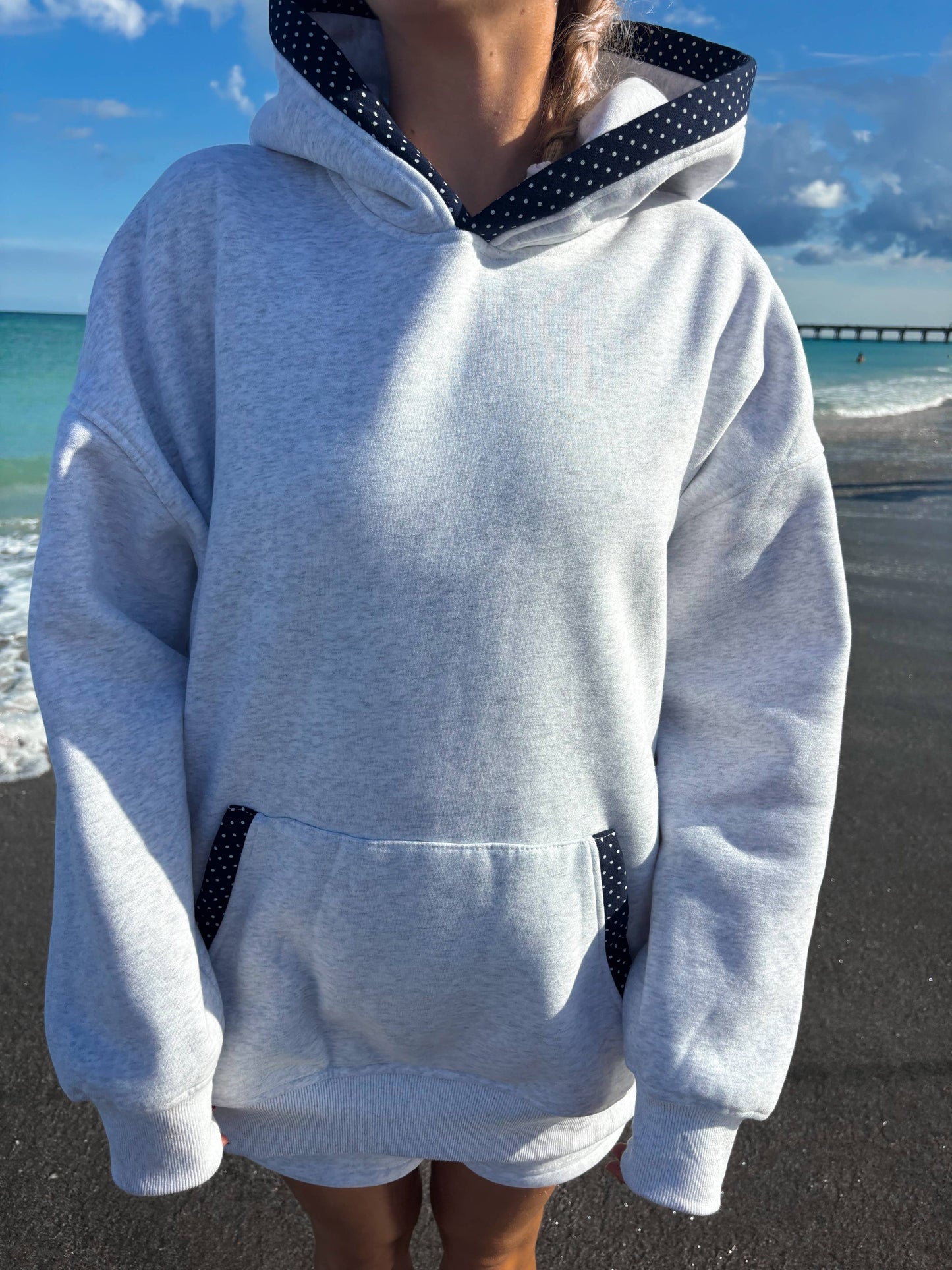 Pearl Grey Navy Blue Polka Dot Hoodie