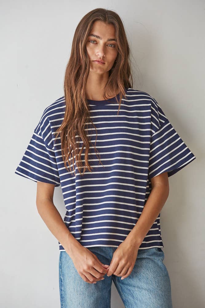 Cotton Striped Short Sleeve Crew Neck Top