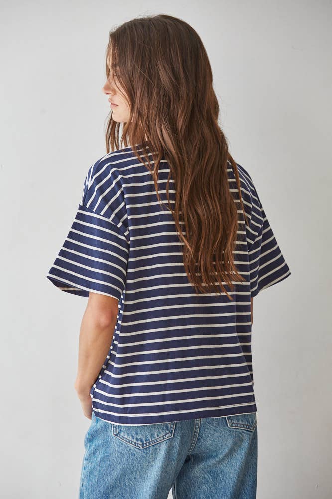 Cotton Striped Short Sleeve Crew Neck Top