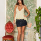 Frayed Hem Deep V-Neck Halter Neck Open Back Top