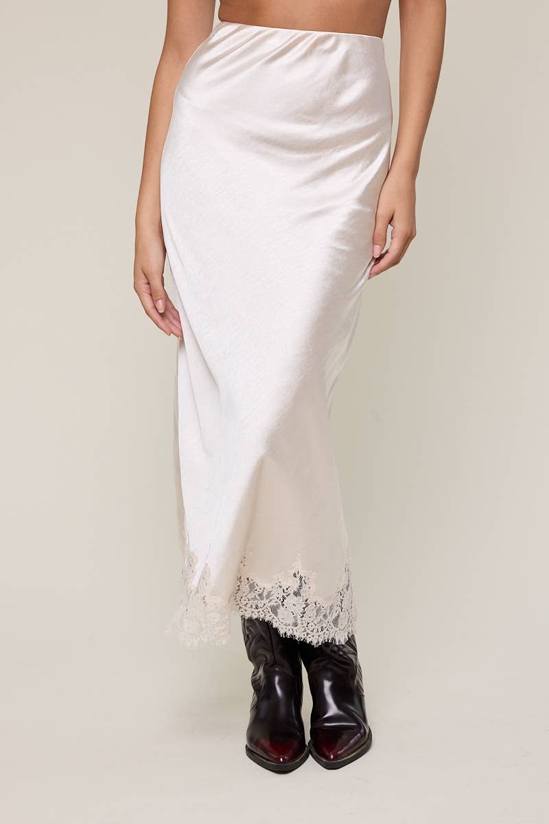 Satin Mono Tone Elastic Waist Lace Midi Skirt