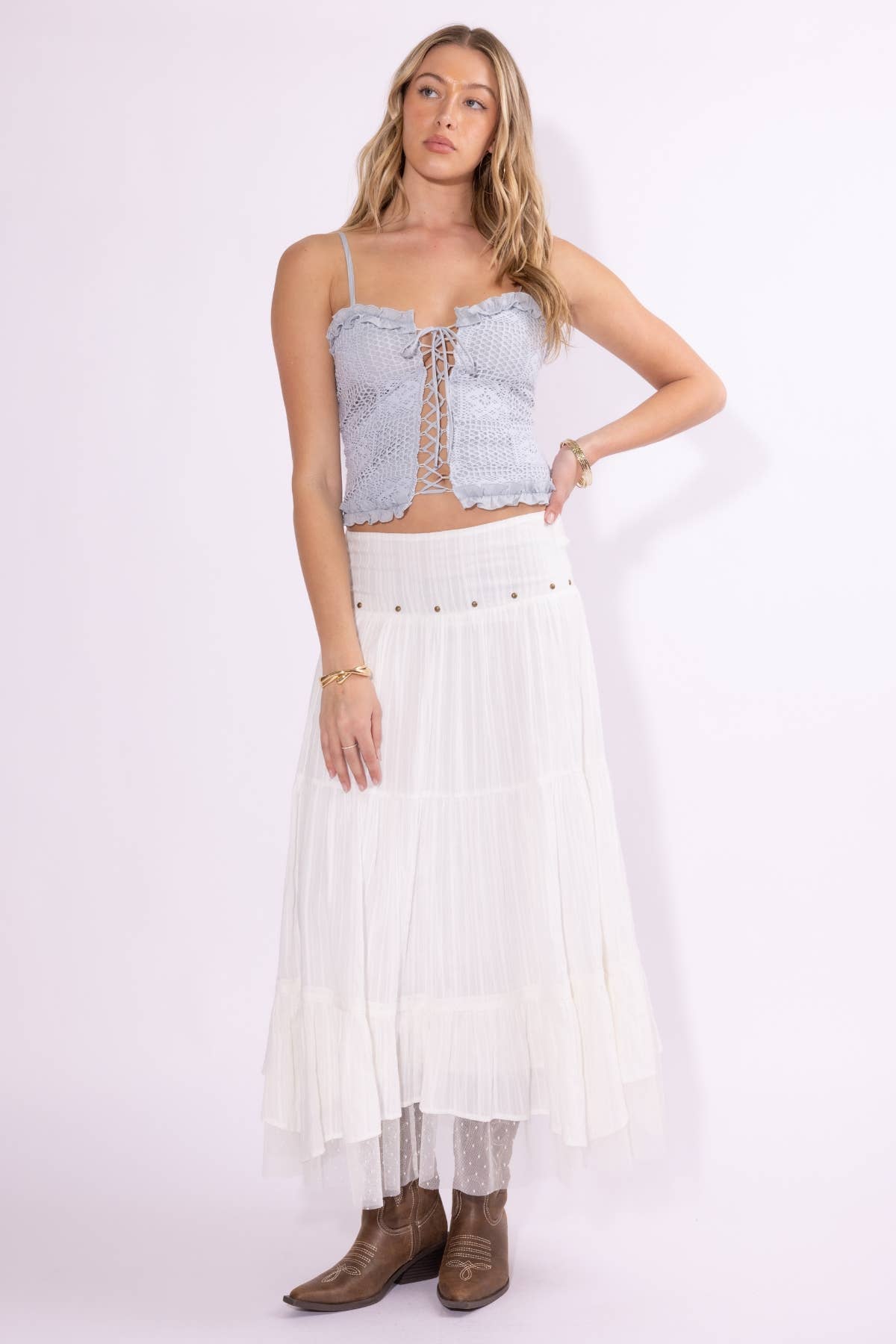 Grommet + Detailed Haky Hem Maxi Skirt