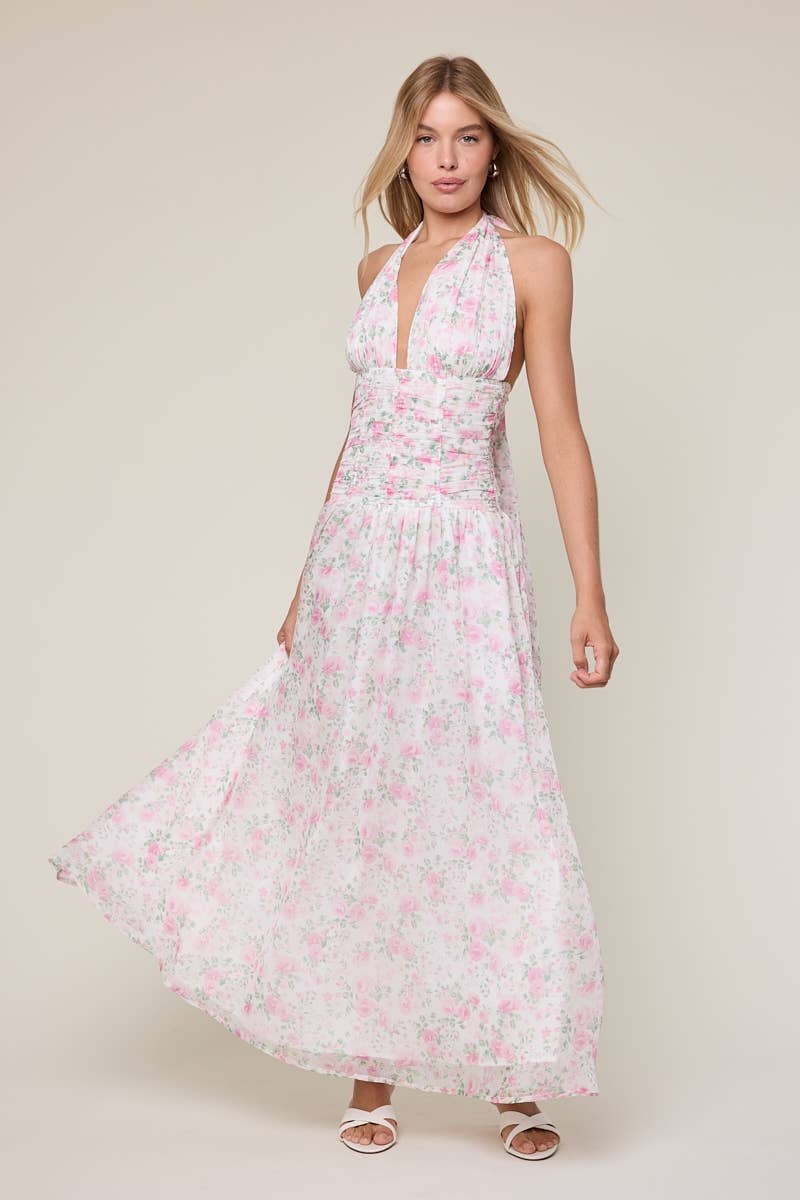 FLORAL CHIFFON HALTER MAXI DRESS