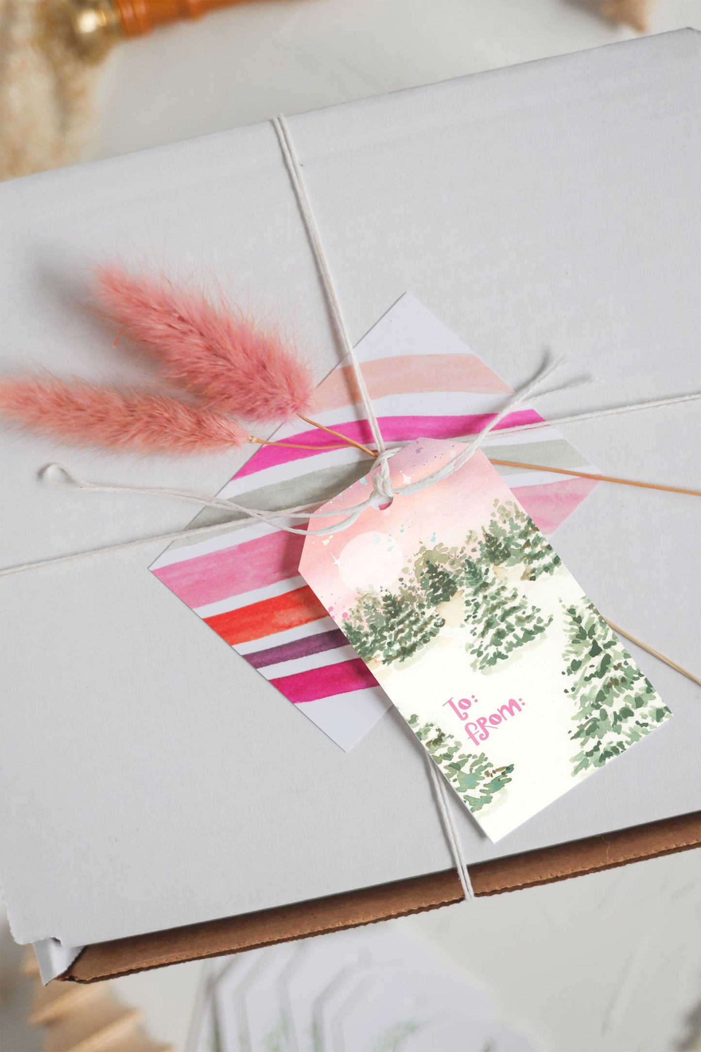 Holiday tree farm gift tag set with silk ribbon