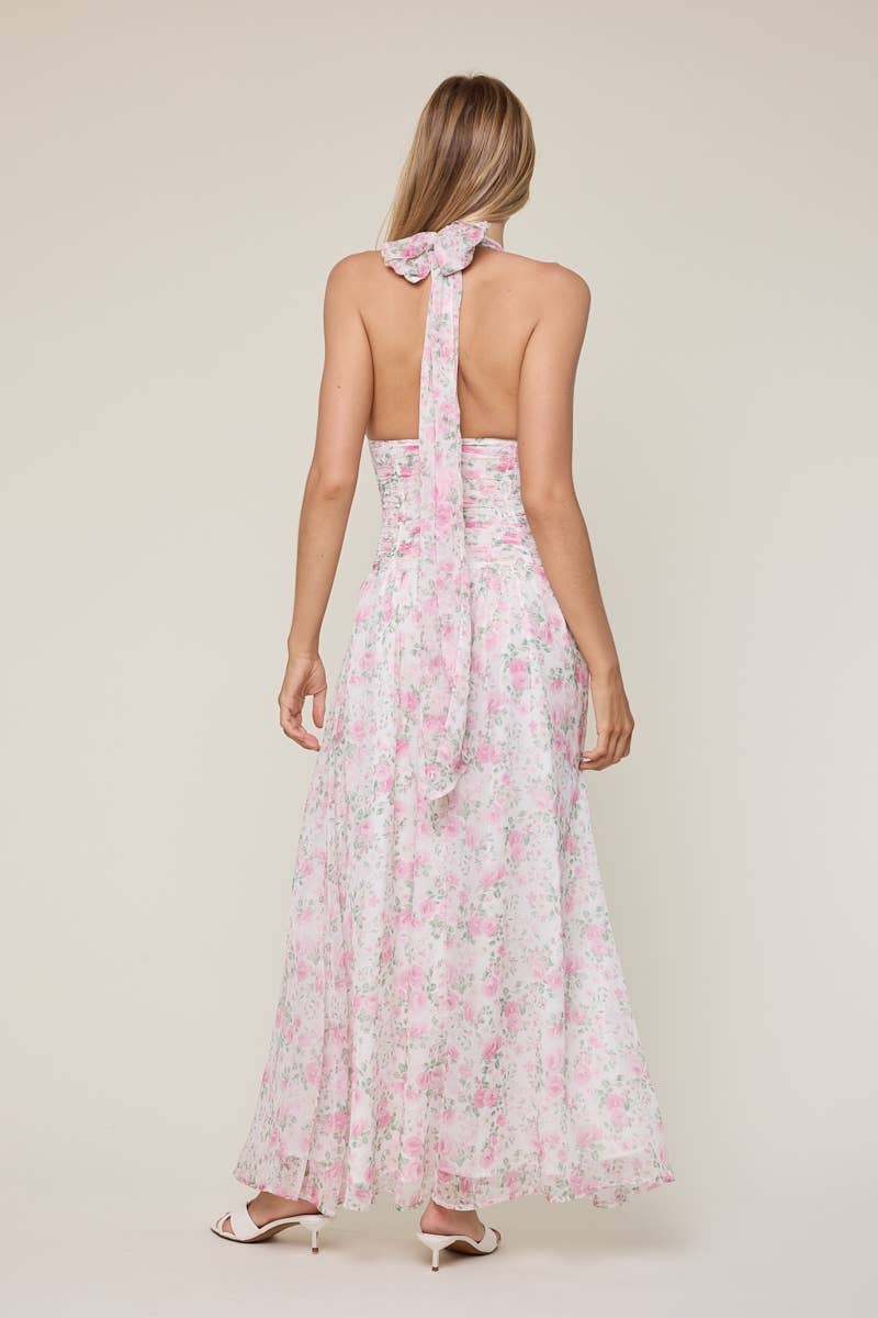 FLORAL CHIFFON HALTER MAXI DRESS