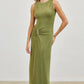 Gold Accent Ruched Slinky Maxi Dress