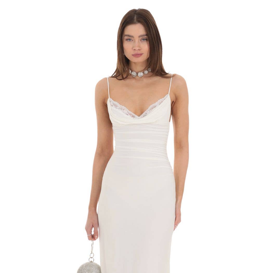 Cowl Neck Mermaid Maxi Dress in White