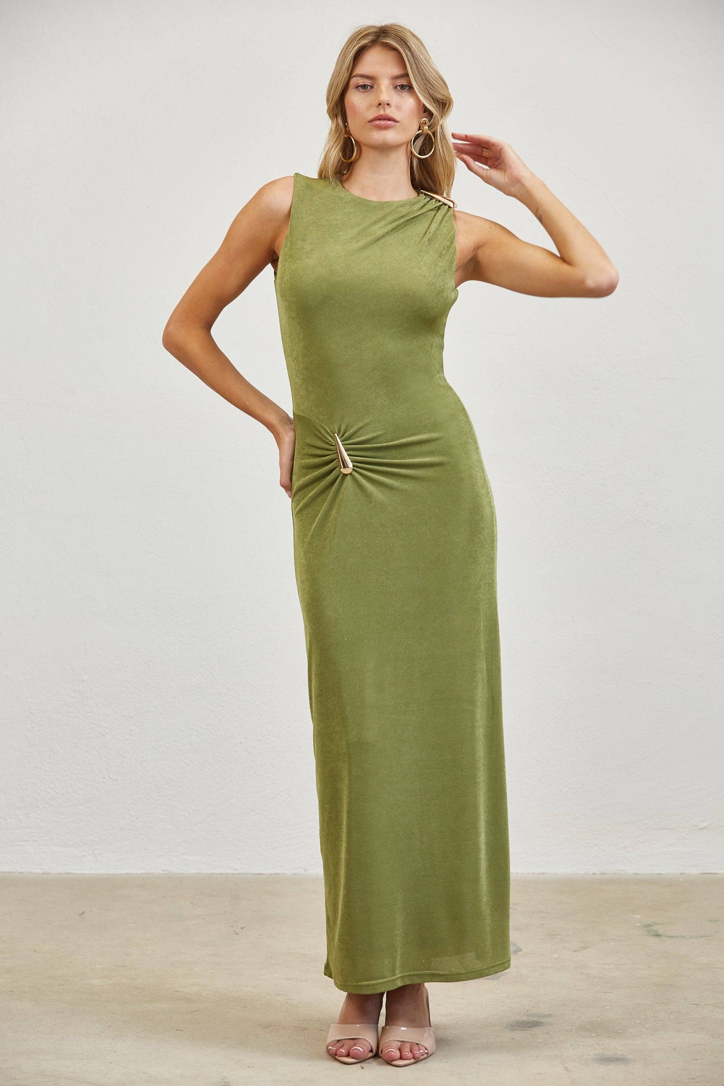 Gold Accent Ruched Slinky Maxi Dress