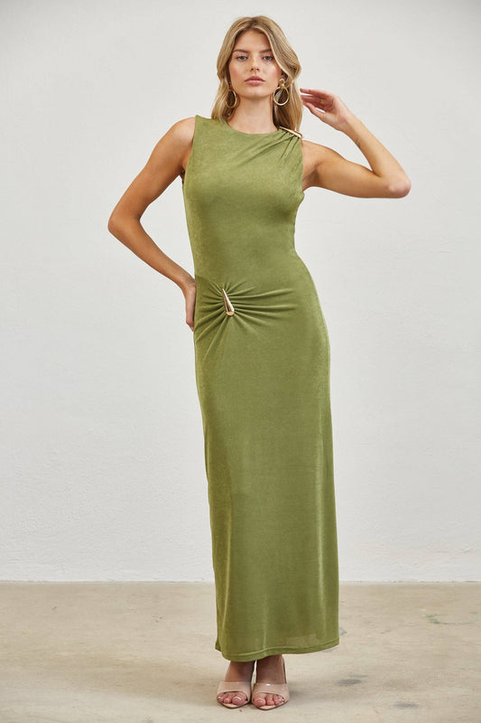 Gold Accent Ruched Slinky Maxi Dress