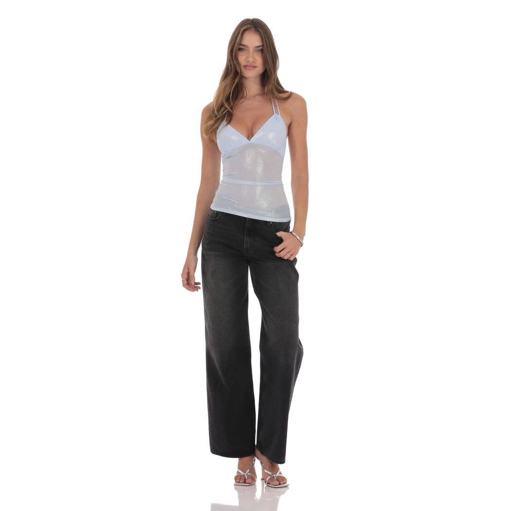 Foil Mesh Halter Top in Light Blue