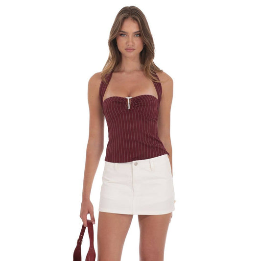 Halter Pinstripe Top In Burgundy